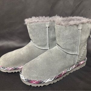 UGG Gray Suede Ugg Boots with Plaid Trim and Studs- Worn Once